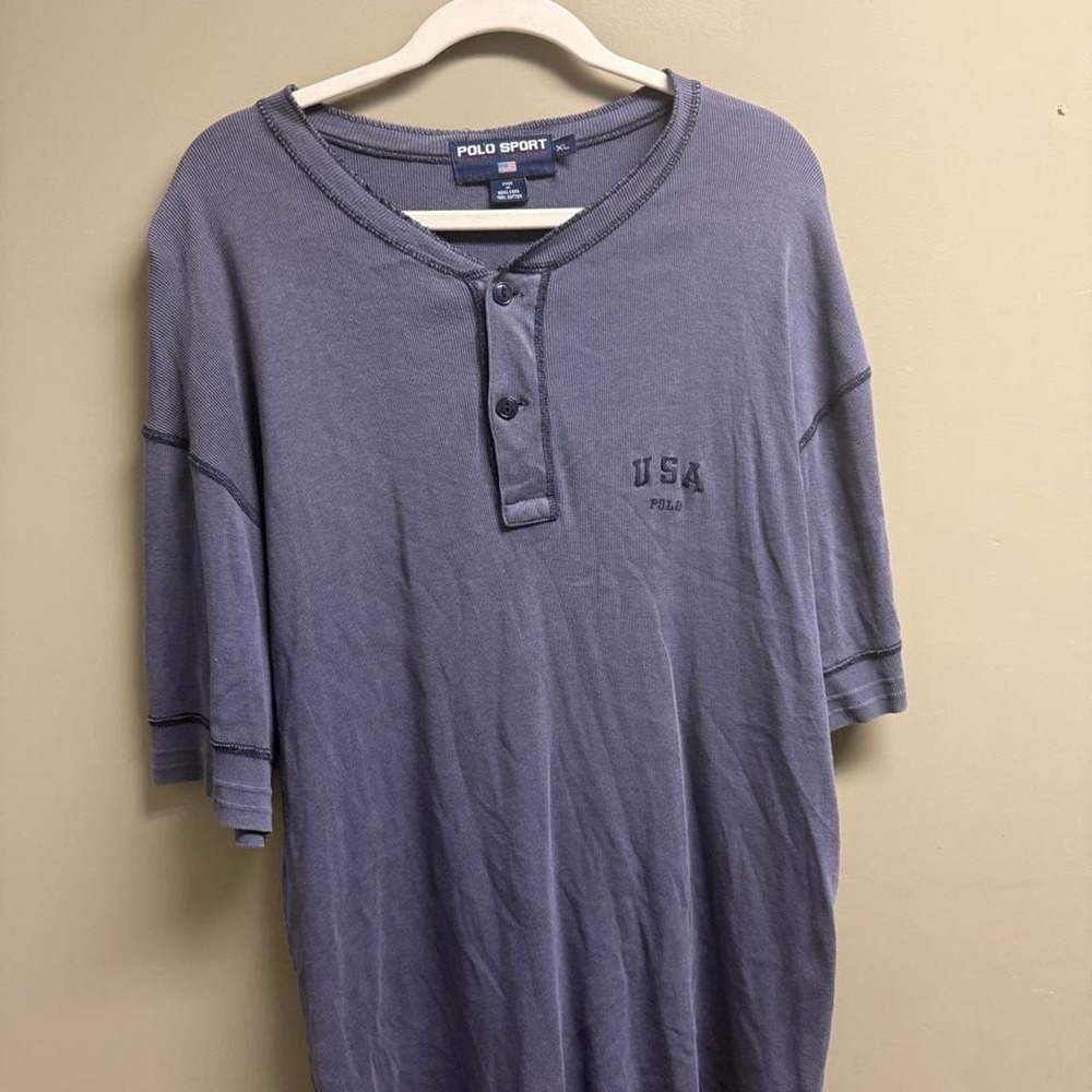 Vintage Polo Sport Ralph Lauren USA Henley Shirt Blue Purple XL 90s Short Sleeve